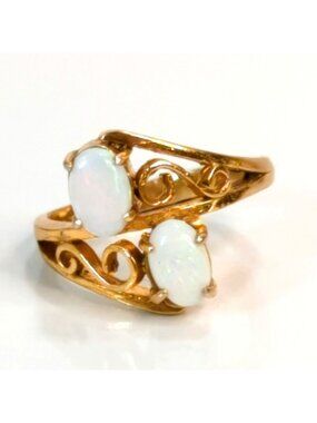 White Opal Double Stone Swirl Ring Gold Tone Pinky Ring Size 4 Vintage Style